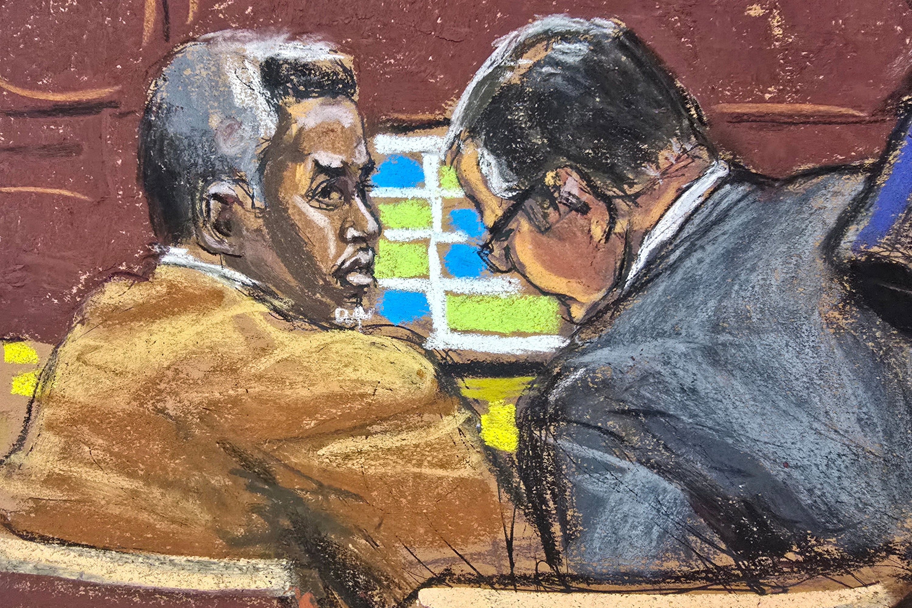 A courtroom sketch shows Sean ‘Diddy’ Combs speaking with his defense attorney Marc Agnifilo