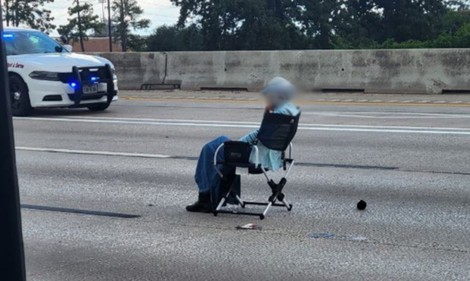 A 64-year-old woman in Texas sitting in a lawn chair on a highway. The woman was armed and was expressing suicidal ideas, according to the Harris County Sheriff's Office. Her actions prompted an hours-long standoff that ended peacefully when she surrendered