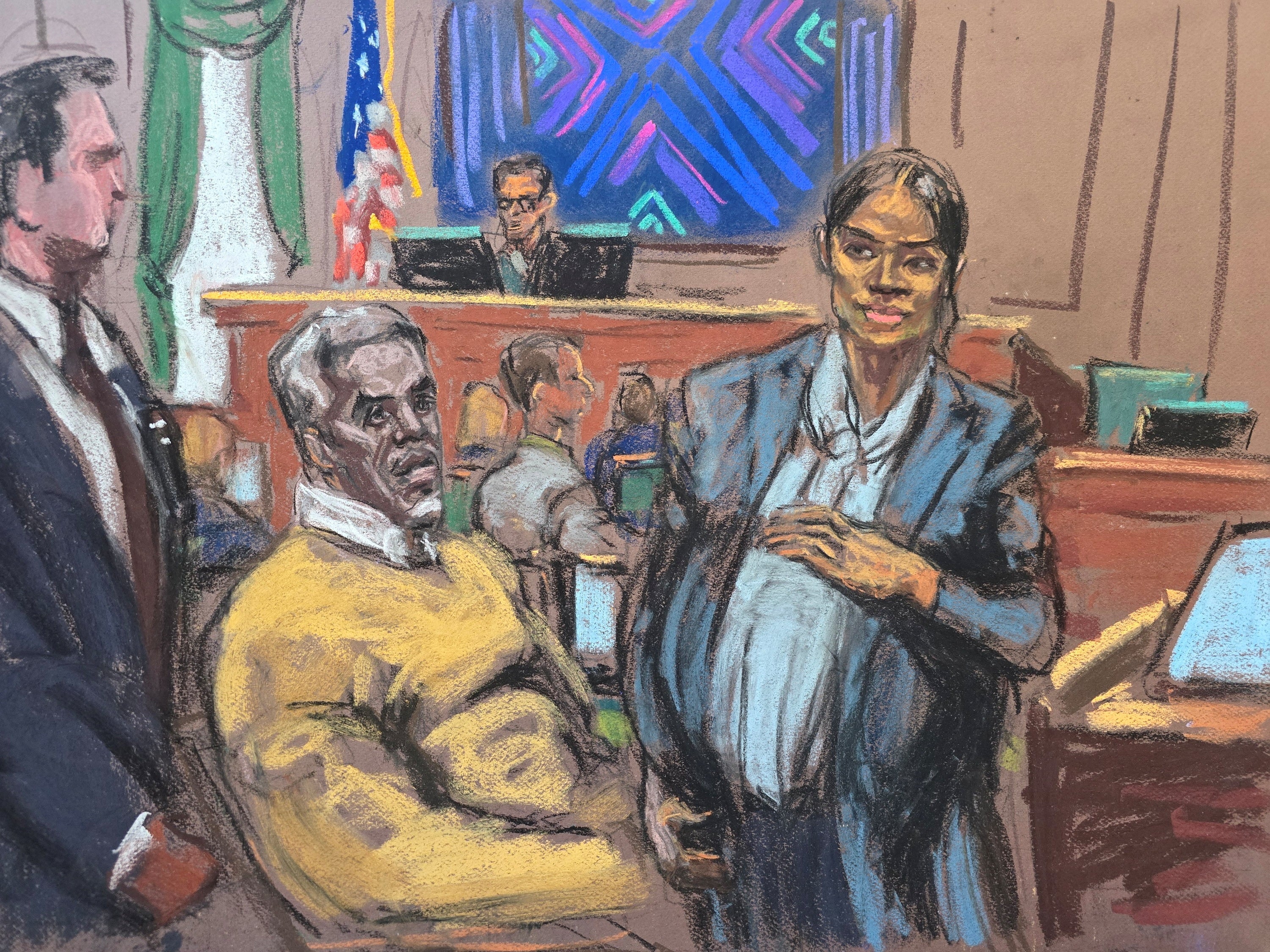 Sean 'Diddy' Combs watches as Casandra "Cassie" Ventura leaves for a break in testimony. His ex-partner was eight months pregnant when she testified against him