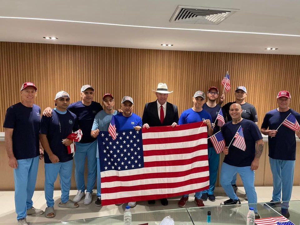 The Trump administration negotiated a prisoner swap with Venezuela that returned 252 Venezuelans imprisoned in El Salvador in exchange for 10 Americans who were returned to the United States. Among them is Dahud Hanid Ortiz, second from right, who is accused of murdering three people in Spain