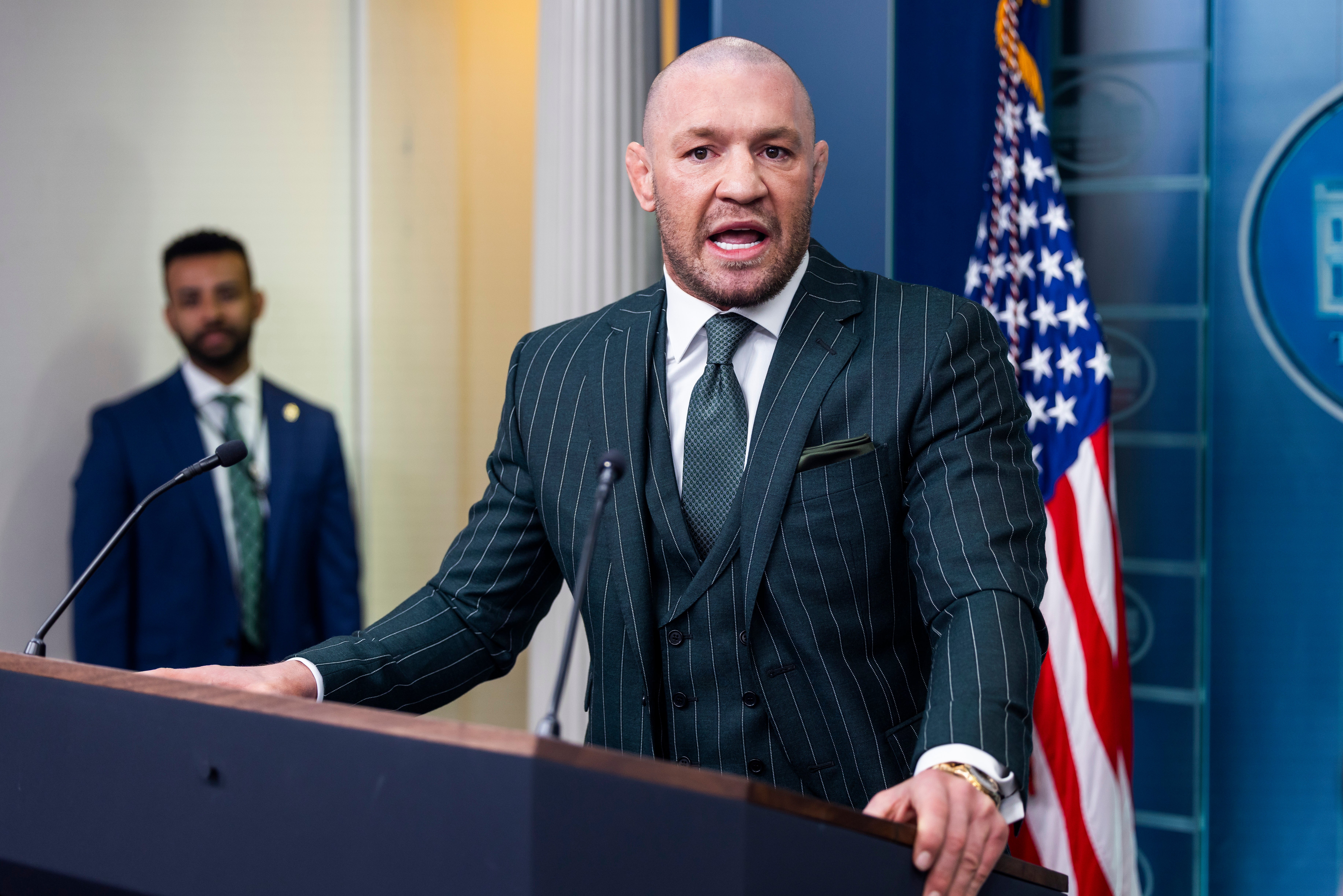 While embroiled in civil lawsuits, McGregor, pictured in the White House in March, announced he would run for Irish presidency later this year
