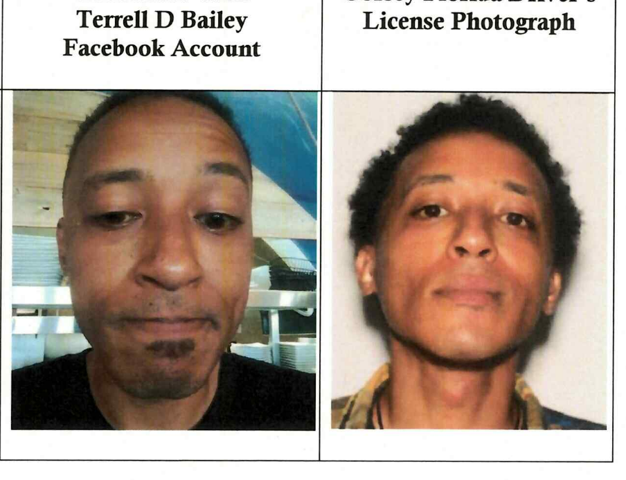 A Facebook profile photo (left) and a driver's license photo (right) of Terell Deshawn Bailey-Corsey, 31, included in charging documents by the FBI