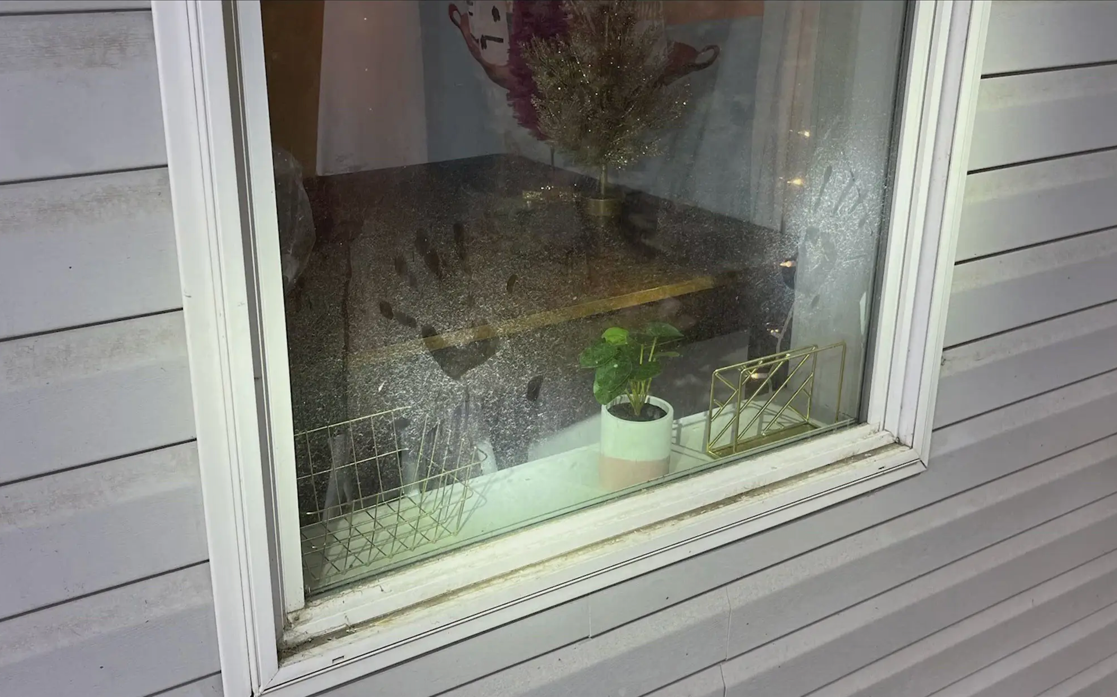 One unsettling image shows two handprints on a dirty window inside the house