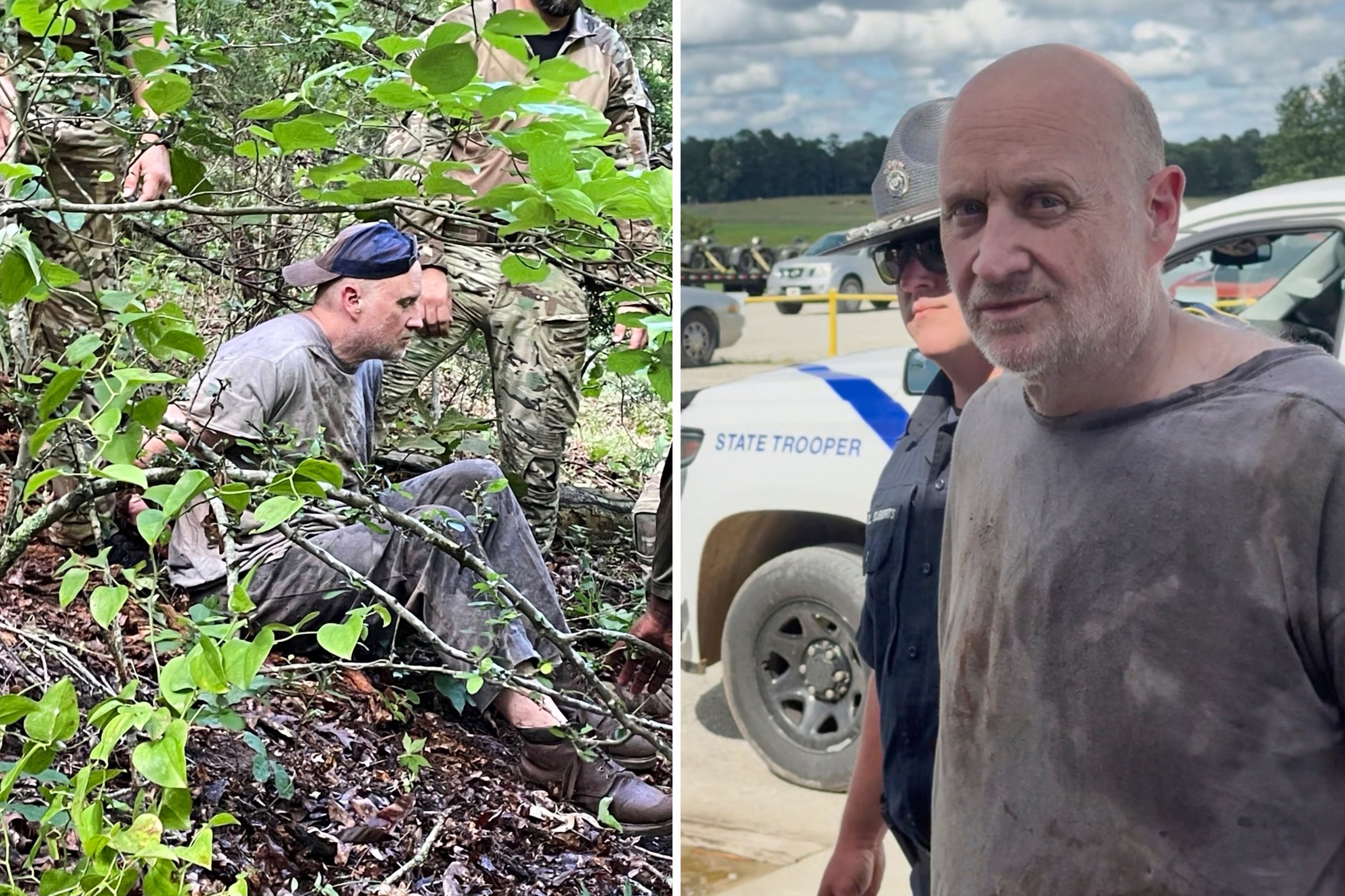This combo of images released by the Arkansas Department of Corrections shows the recapture of escaped inmate Grant Hardin, an ex-police chief and convicted killer, by Arkansas law enforcement officers and the U.S. Border Patrol, June 6, 2025, near Moccasin Creek in Izard County, about 1.5 miles (2.4 kilometers) northwest of Calico Rock prison. in Calico Rock, Ark