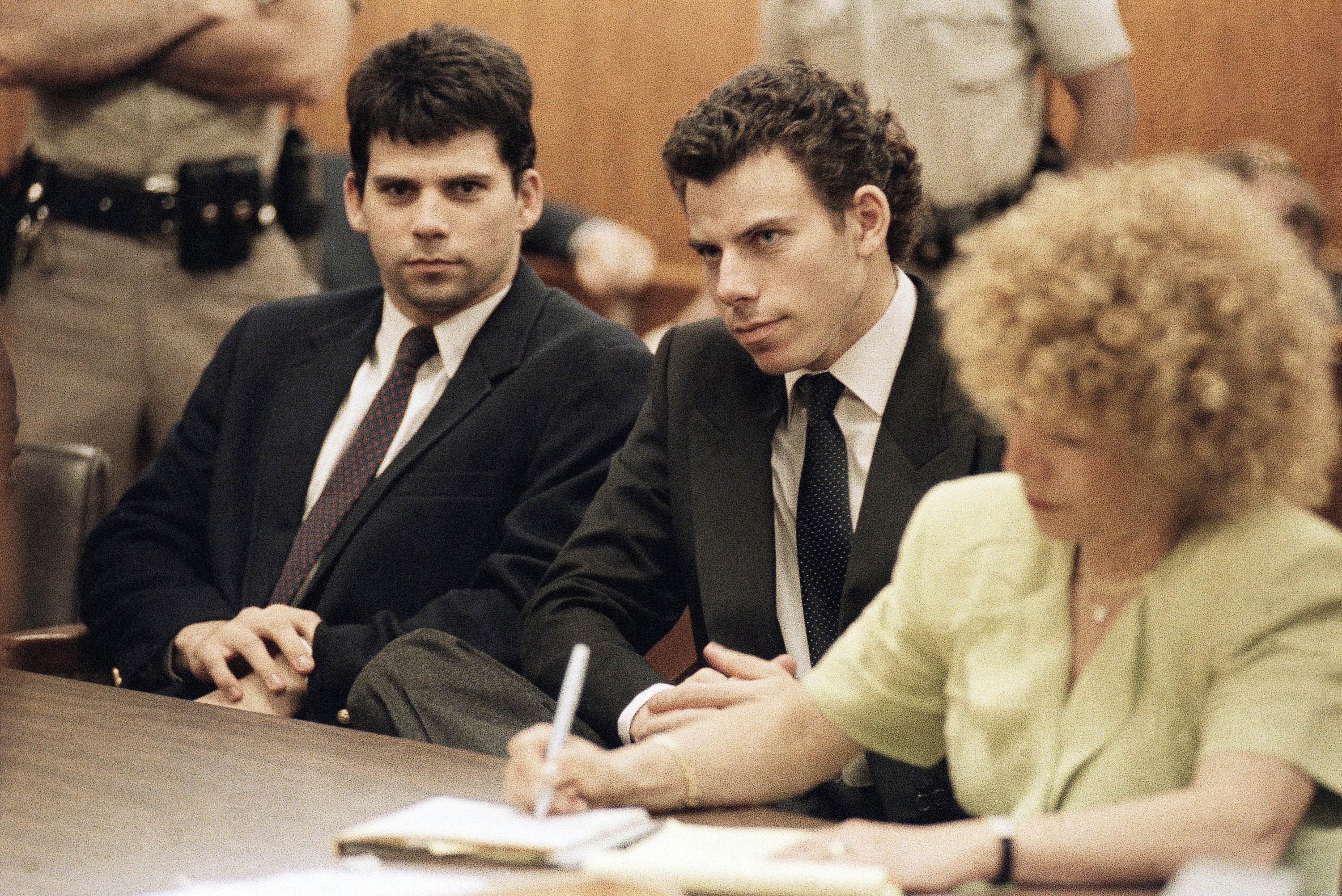 Lyle, left, and Erik Galen Menendez sit in a Beverly Hills, Calif., courtroom, May 14, 1990