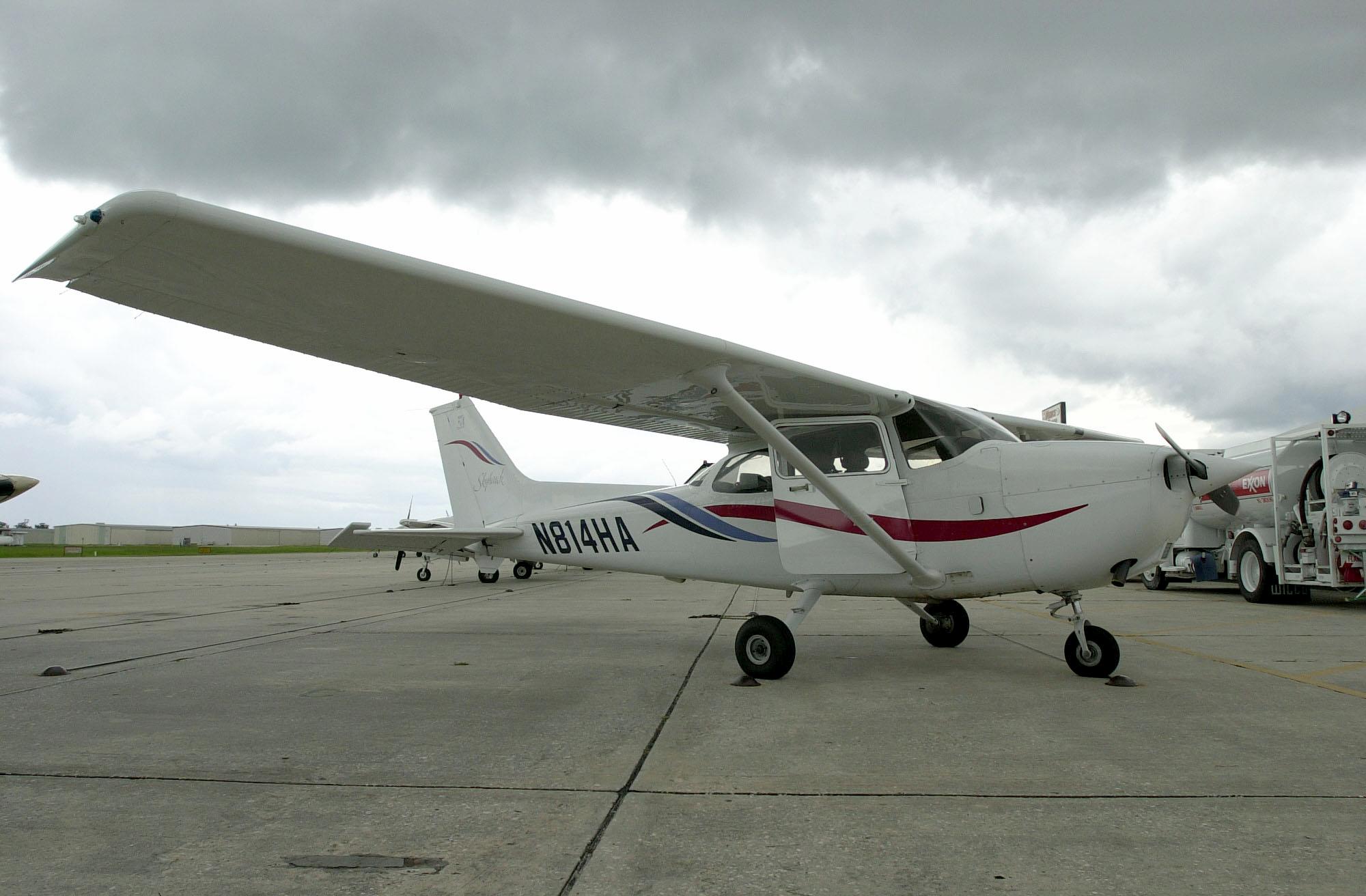 A Cessna Skyhawk single engine plane sits on the runway at the Huffman Aviation airfield 12 September 2001 in Venice, Florida. Jason Hong, 75, of California, is trying to find out who keeps stealing his Skyhawk, flying it, and returning it, all without anyone noticing.