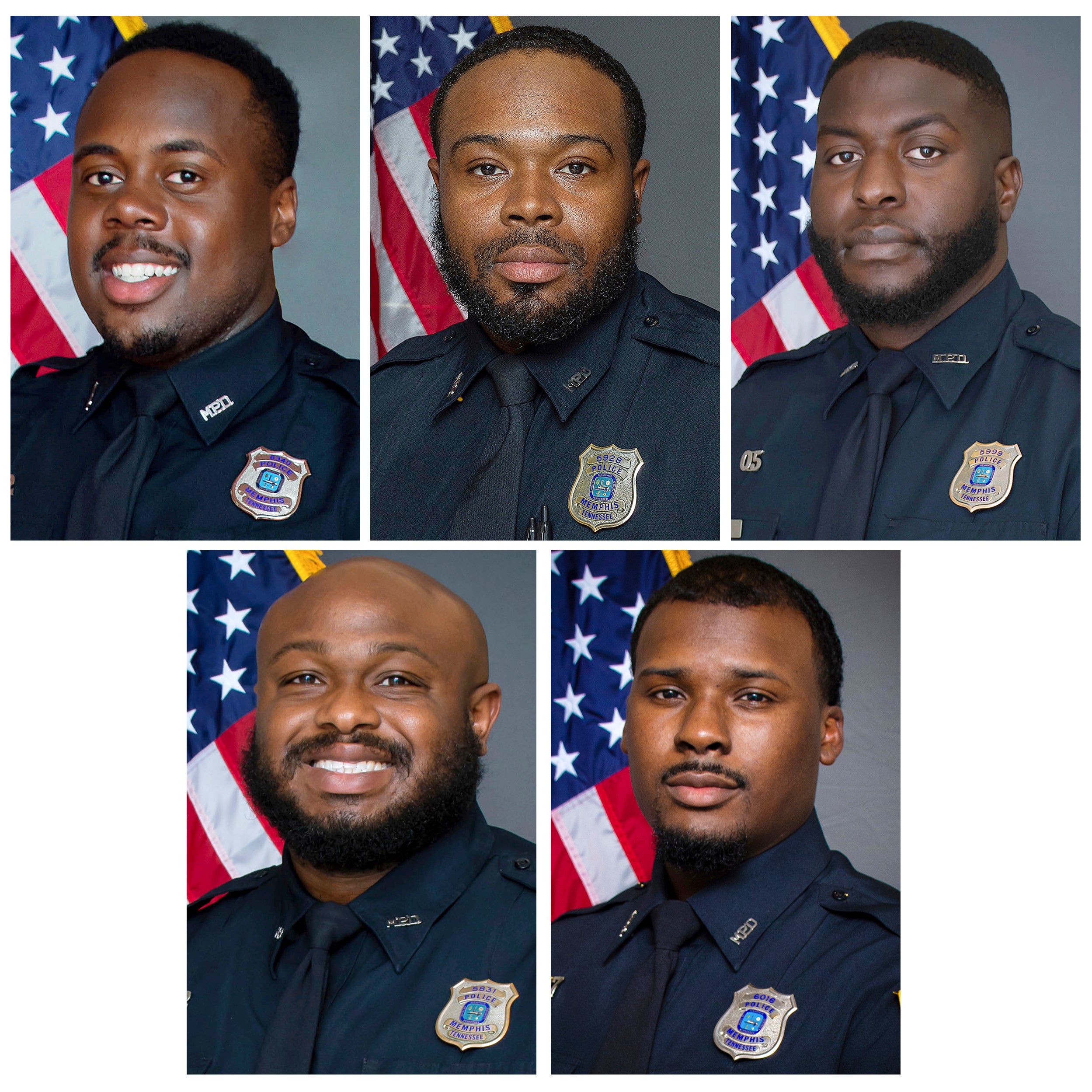 The officers charged over Nichols’ death: From left top, Tadarrius Bean, Demetrius Haley, Emmitt Martin III, bottom row from left, Desmond Mills, Jr. and Justin Smith
