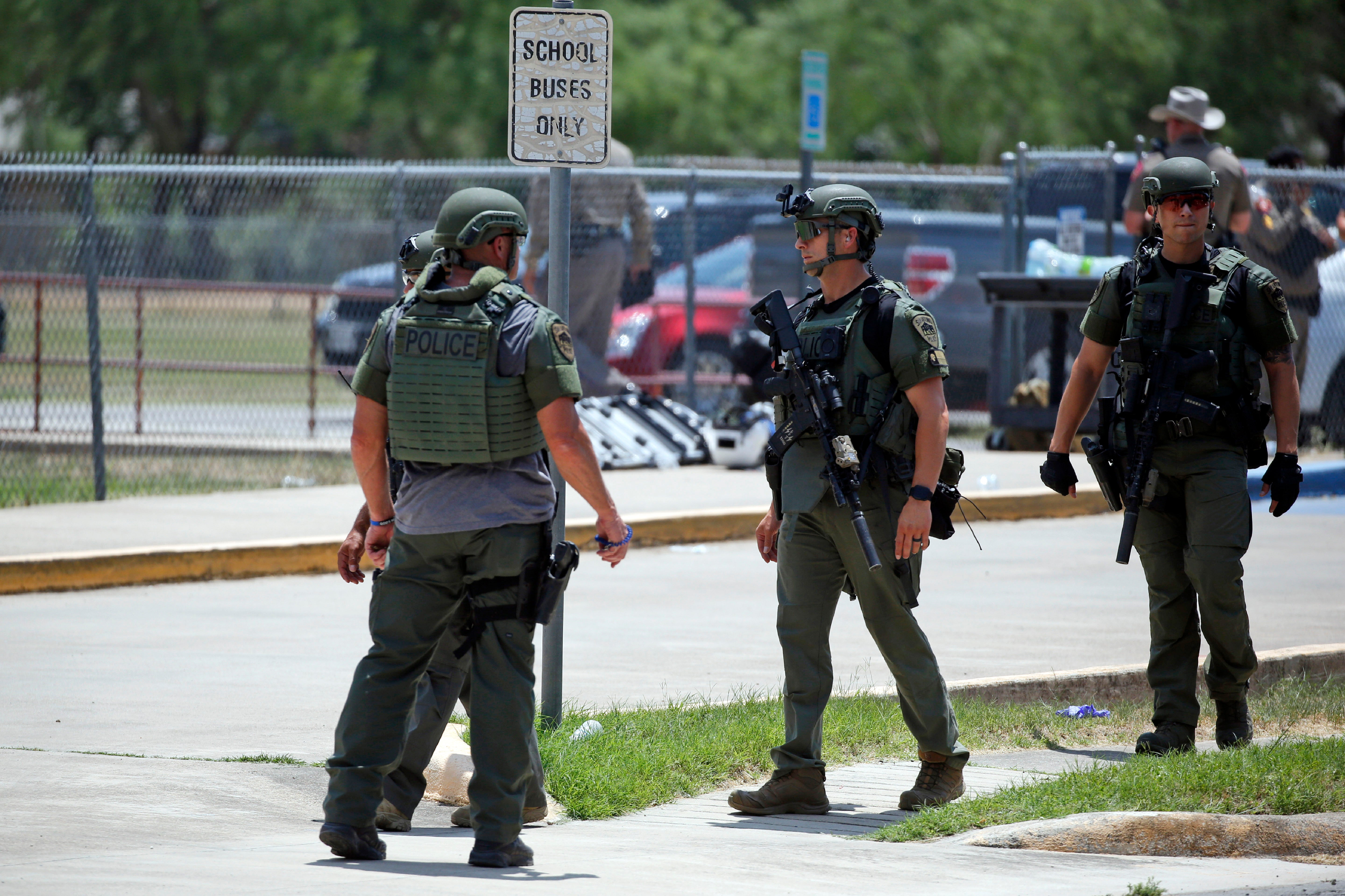 Law enforcement gathered outside of Robb Elementary School in Uvalde on May 24 2022