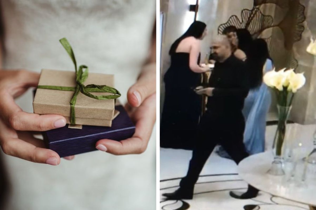 Surviellance footage captures uninvited man making off with $100k worth of gifts from California wedding