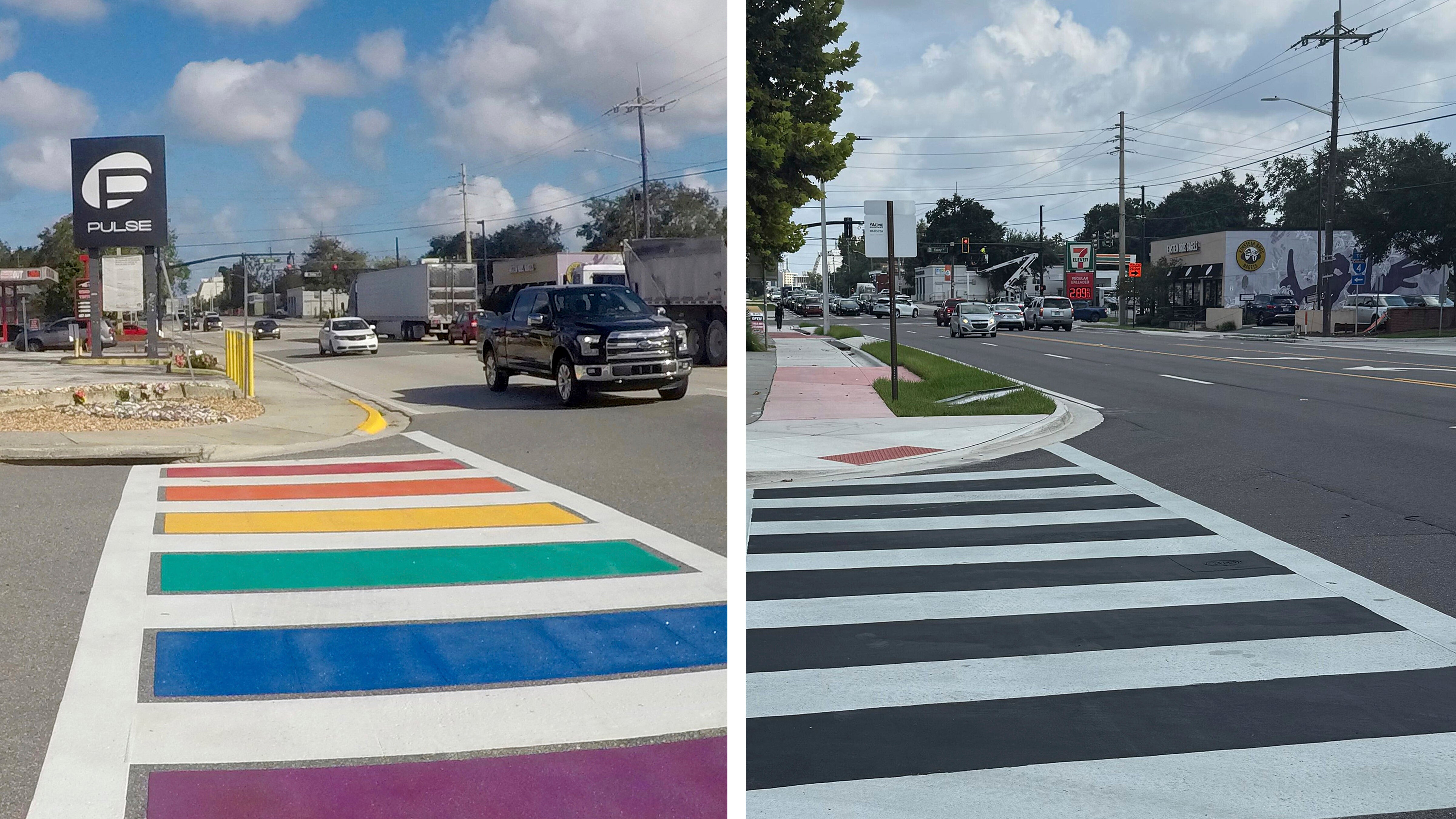 A rainbow crosswalk in Orlando serving as a memorial outside what was the site of the Pulse nightclub massacre in 2016 was paved over on August 21 following instructions from the Trump administration