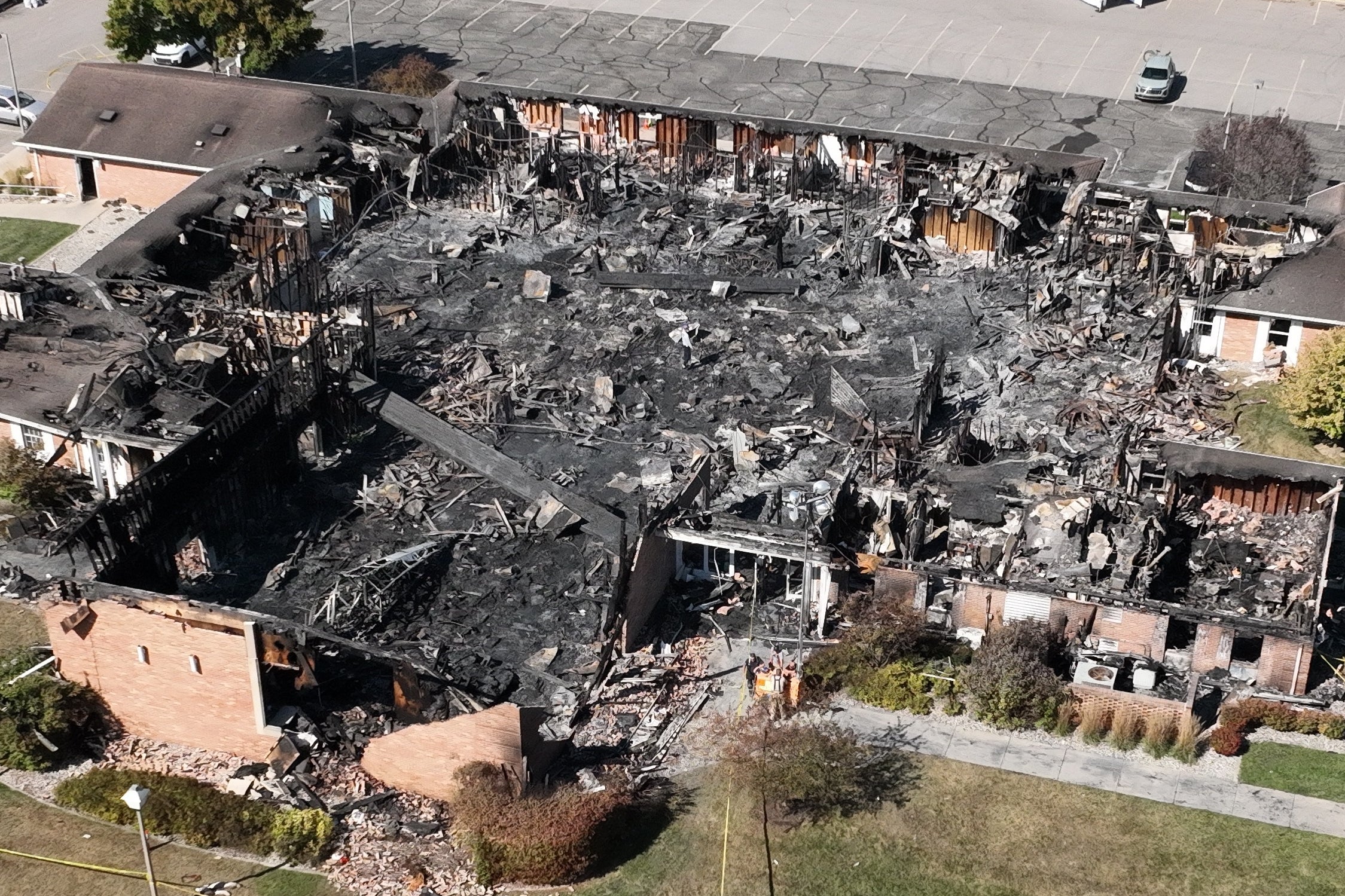 The charred remains of the Church of Jesus Christ of Latter-day Saints in Grand Blanc Township, Michigan. Sanford set the building on fire, police said