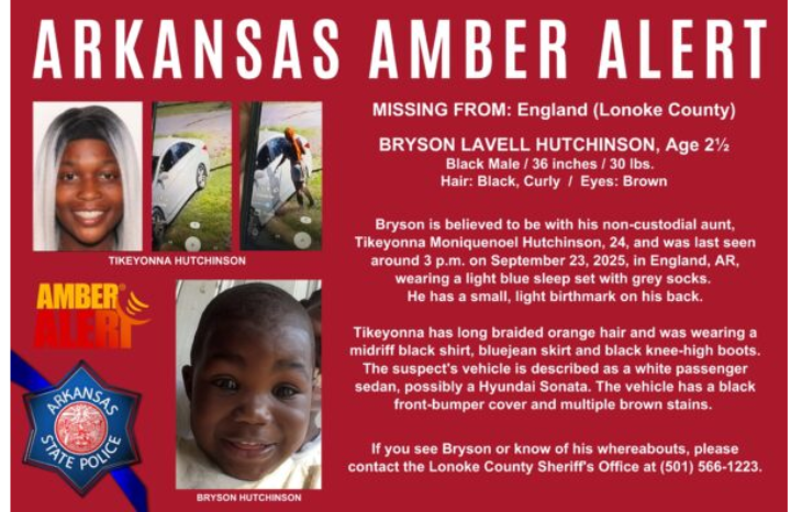 England, Arkansas – 2-Year-Old Bryson Lavell Hutchinson Reported Missing, Authorities Urgently Seek Public Assistance
