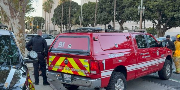 LA City Hall evacuated after driver with note addressed to Trump crashes into steps and barricades himself