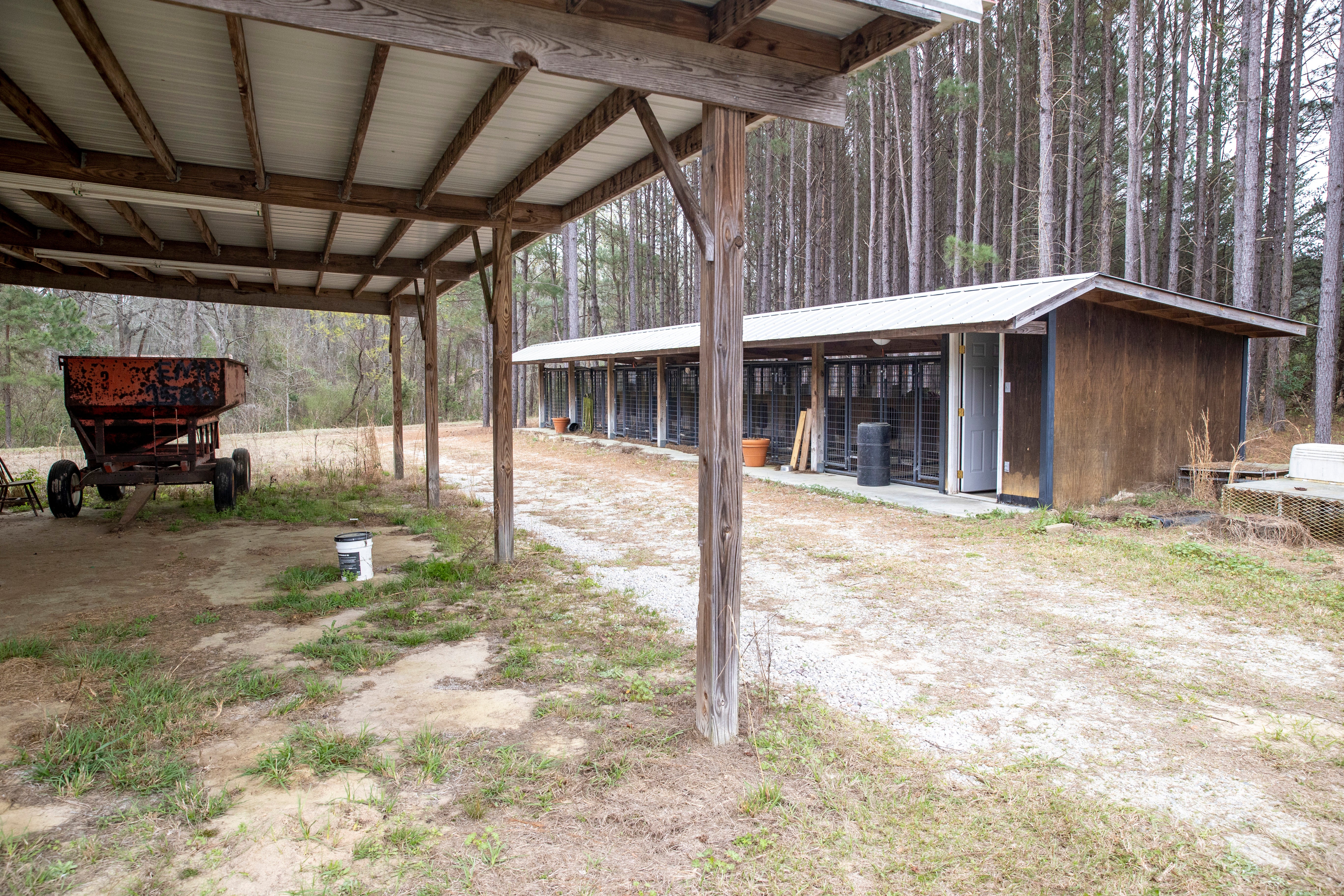 The hanger and dog kennels are seen where the bodies of Paul Murdaugh and Maggie were found at the Moselle property on March 1, 2023 in Islandton, S.C.